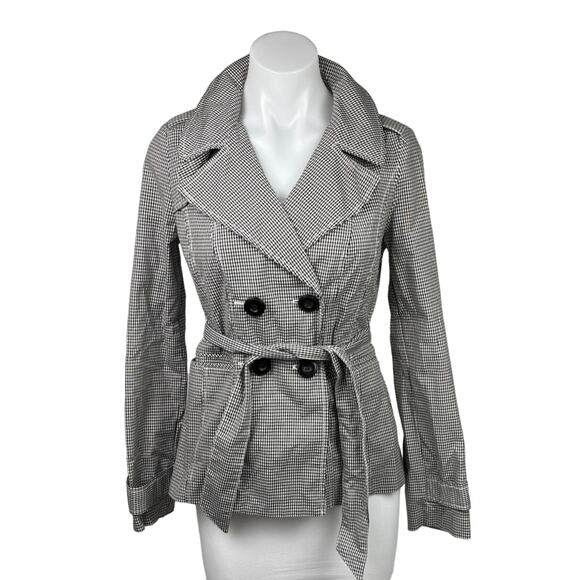 Halogen Black White Gingham Check Double Breasted Tie Belt Trench Jacket Sz XS - Picture 1 of 8